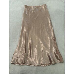 La Miel Size Medium A-Line Midi Skirt w/Side Slit 90s Rose Gold Shiny Satin